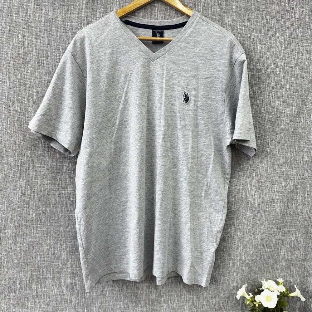 US Polo Assn Mens T Shirt Large L Gray V Neck Short Sleeve Cotton Blend Casual T